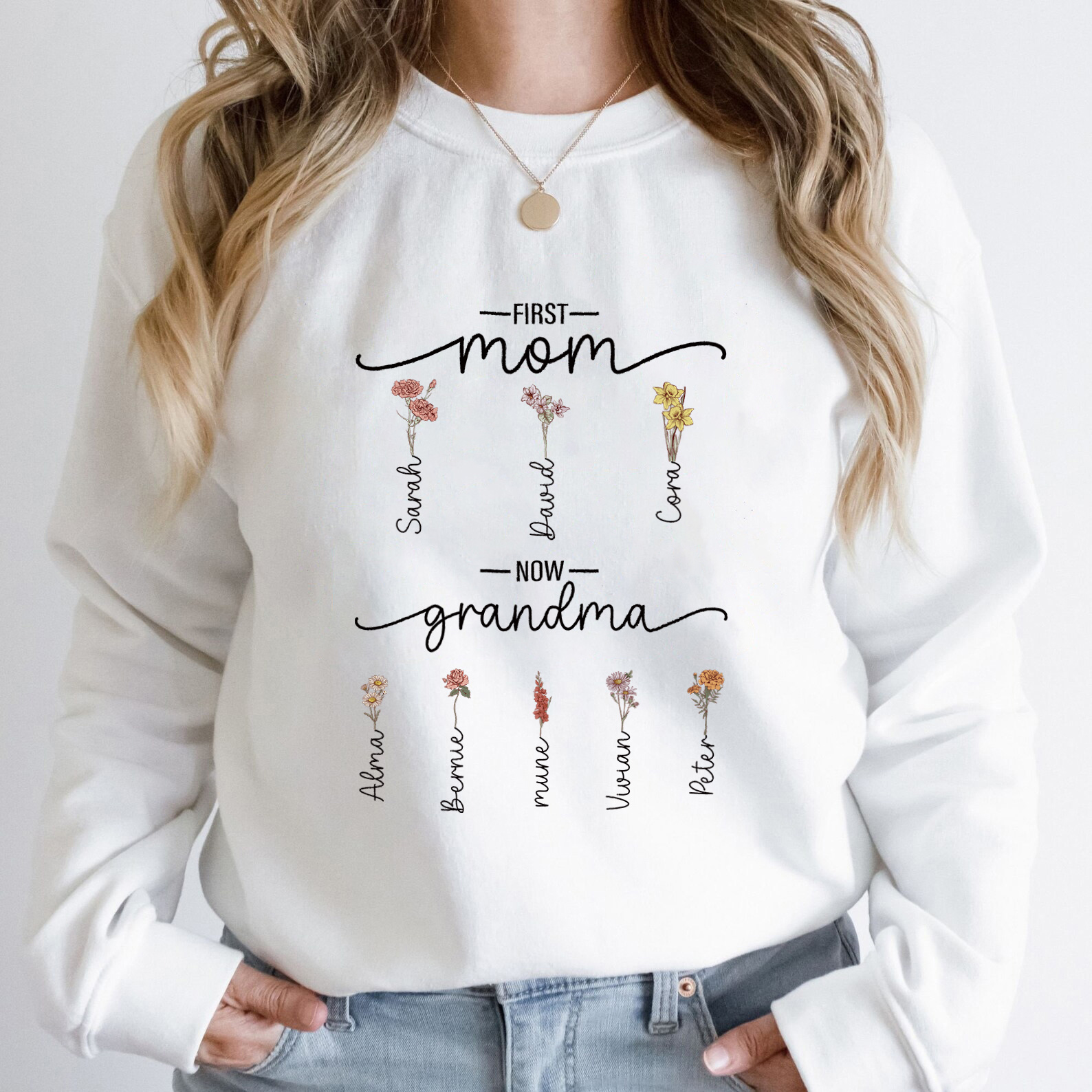 First Mom Now Grandma - Birth Flower Family  Custom Hoodie/Crewneck/T-shirt